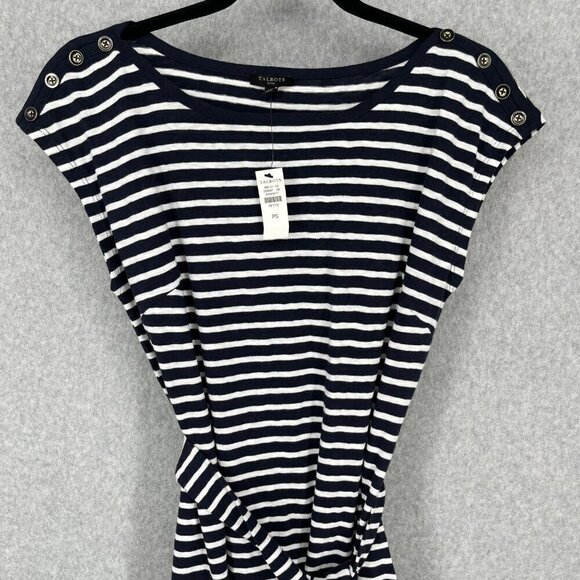 Talbots Stripe Belted Knit Shift Dress Size SP Navy Blue White Nautical Slub NEW - Picture 2 of 12